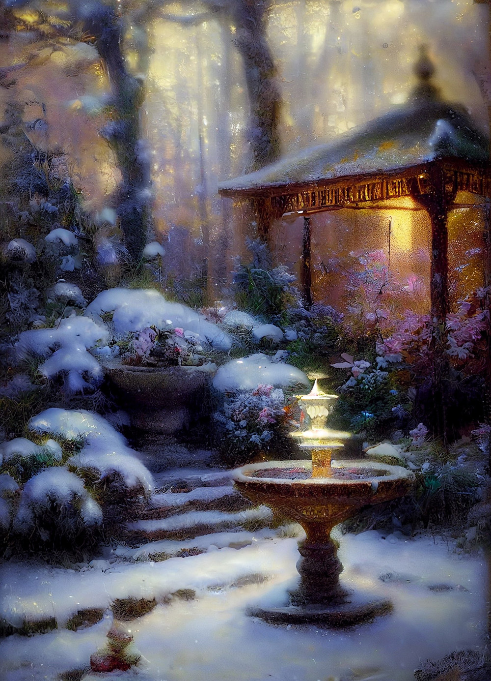 Ai关键词描述-冬季花园里的粉彩小神龛