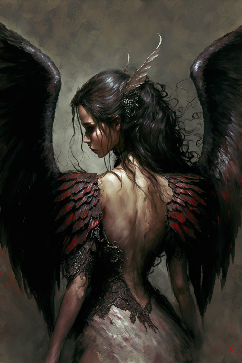 Ai关键词描述-背部有翅膀的恶魔女孩