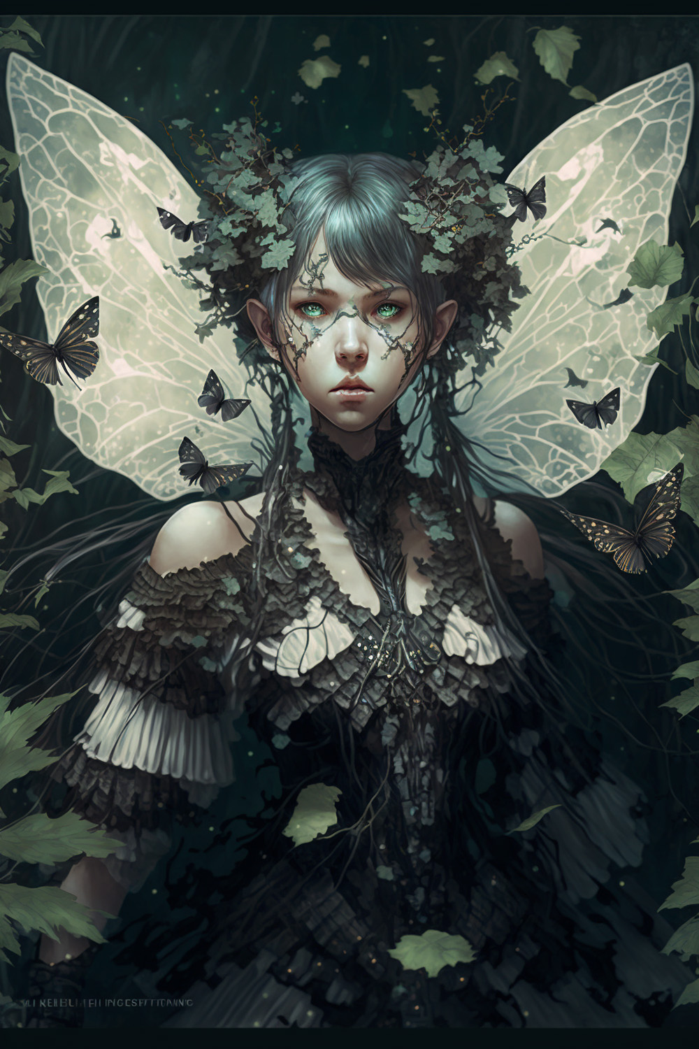 Ai关键词描述-森林里身穿仙女服的蝴蝶女孩
