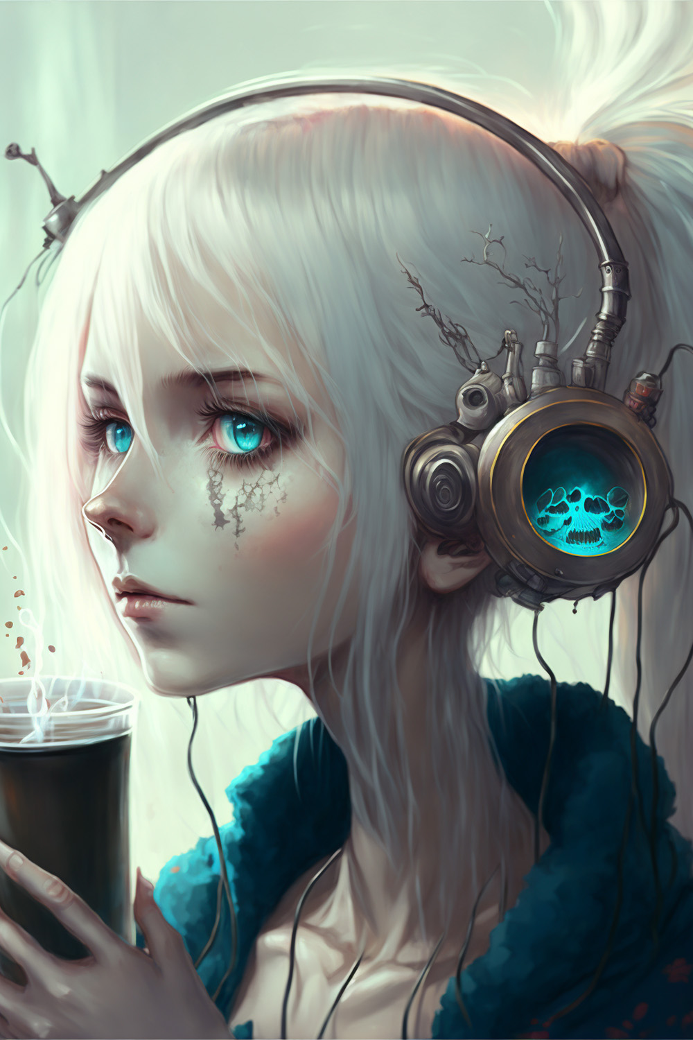 Ai关键词描述-带耳机的蓝眼睛动漫女孩