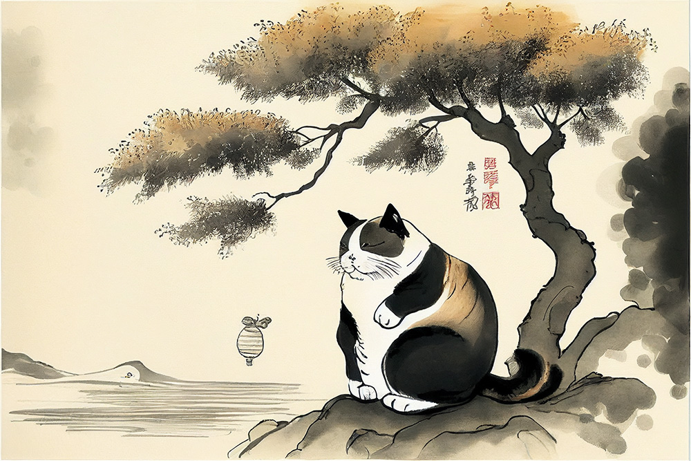 Ai关键词描述-胖猫水墨画