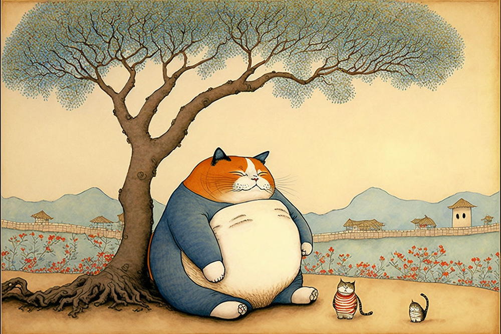 Ai关键词描述-树下的大胖猫