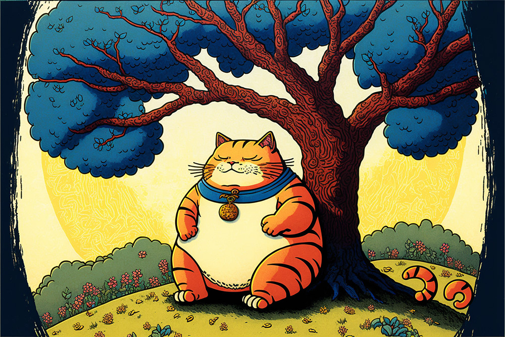 Ai关键词描述-《树下的和平幸福肥猫》