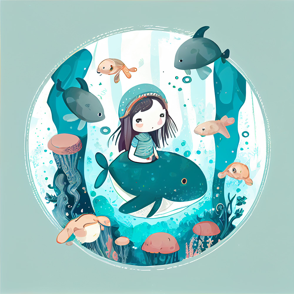 Ai关键词描述-小女孩与海豹和鱼在海底嬉戏