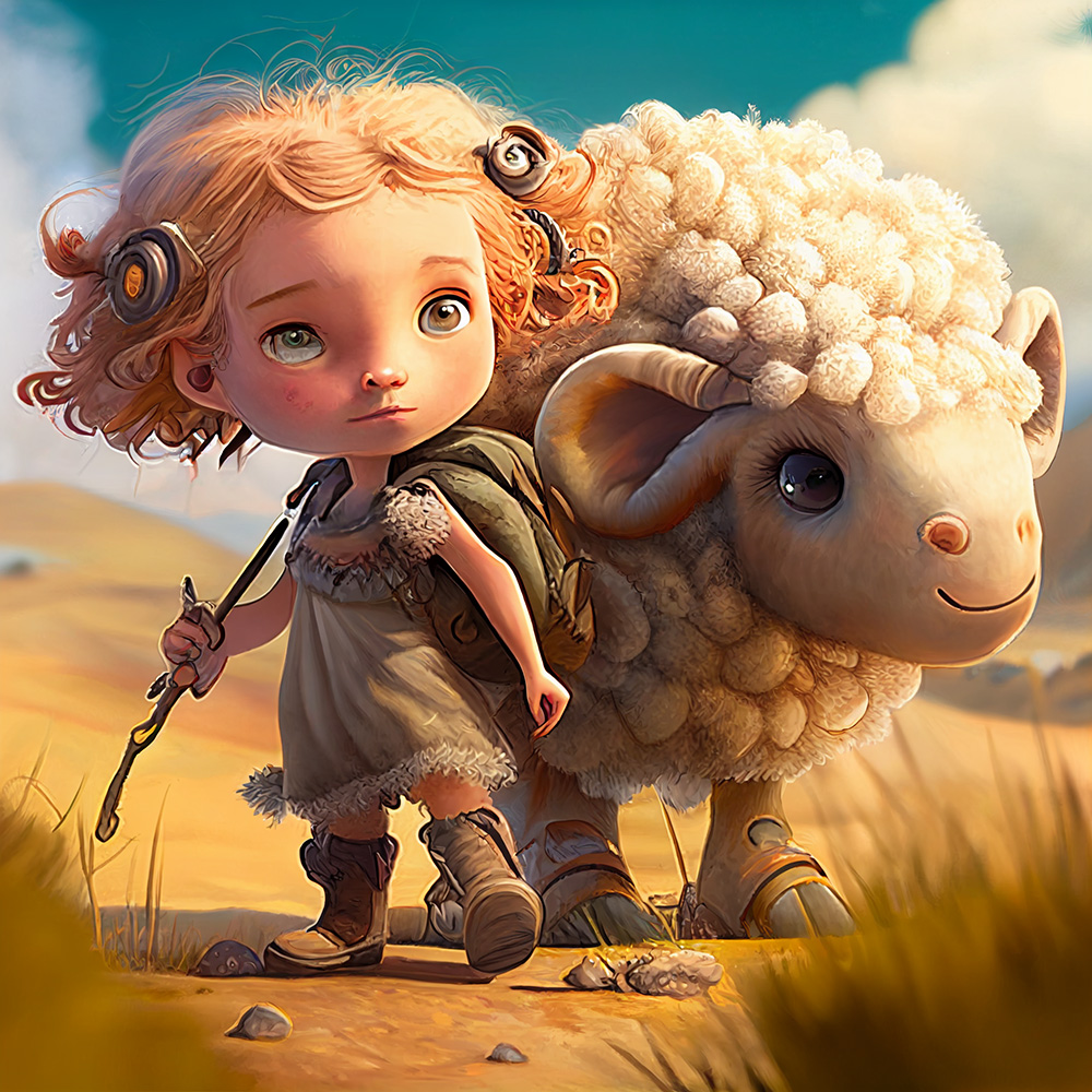 Ai关键词描述-小女孩和小羊