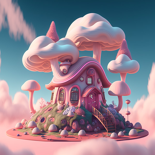 Ai关键词描述-云上的粉色粉彩蘑菇屋