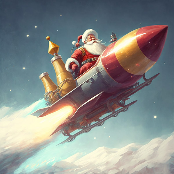 Ai关键词描述-乘坐火箭的圣诞老人