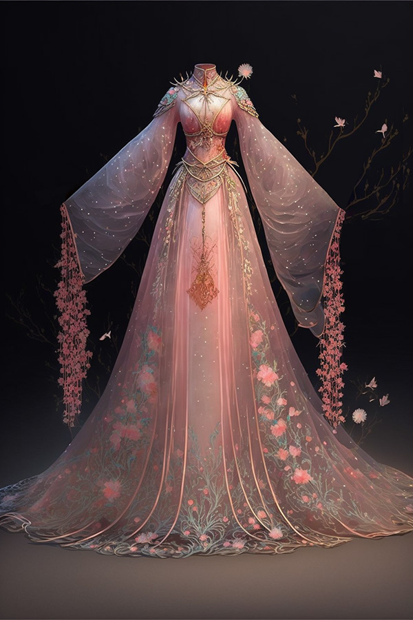 Ai关键词描述-淡粉色透明雪纺中式礼服裙