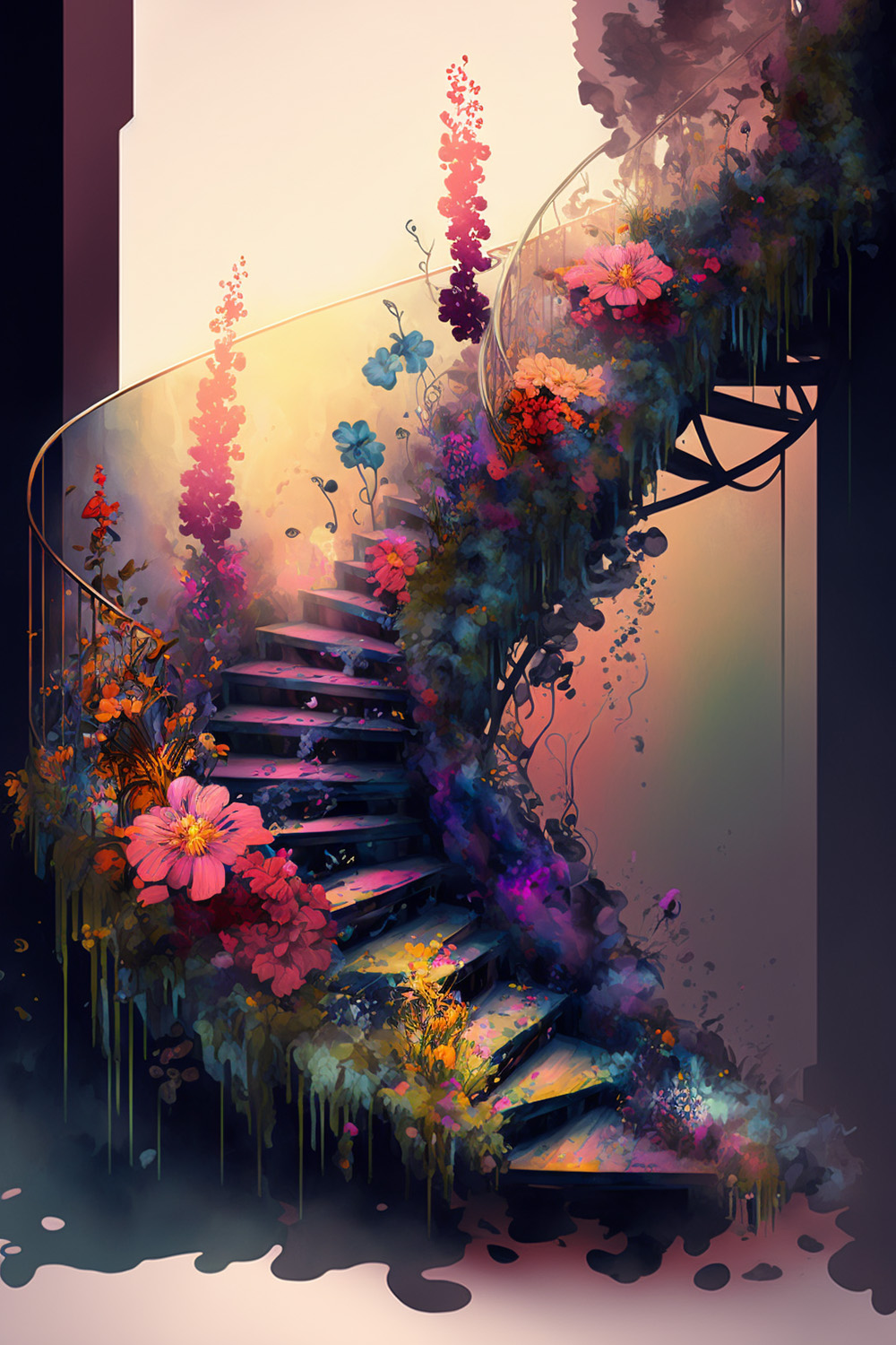 Ai关键词描述-充满鲜花的楼梯