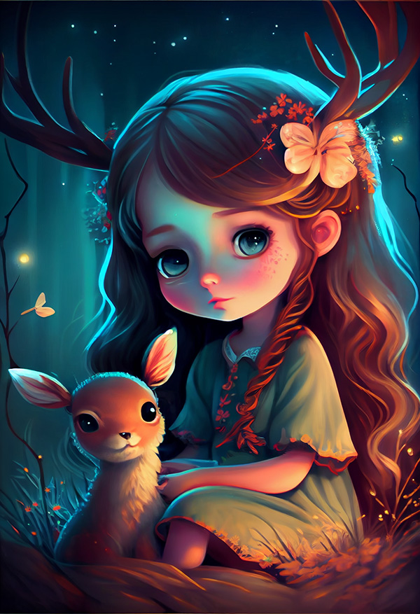 Ai关键词描述-甜美的女婴和小鹿