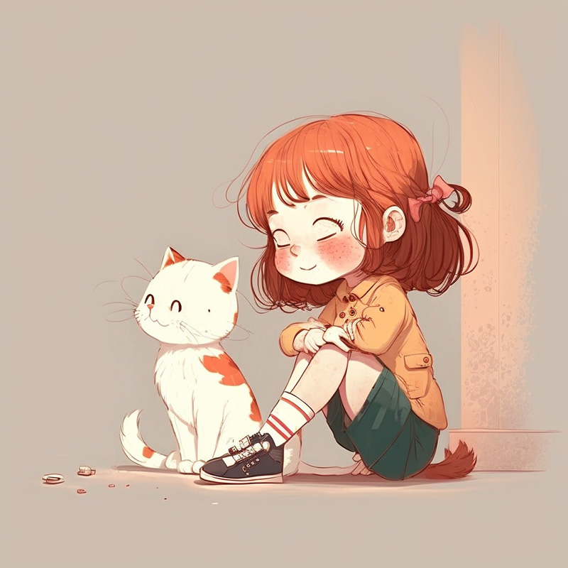 头像-卡通小女孩和小猫