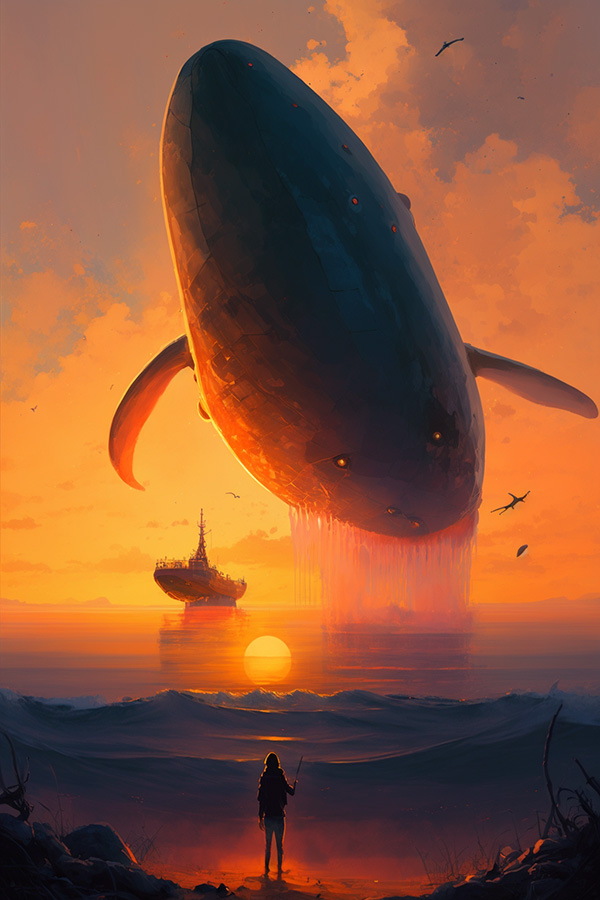 Ai关键词描述-日落中的鲸鱼